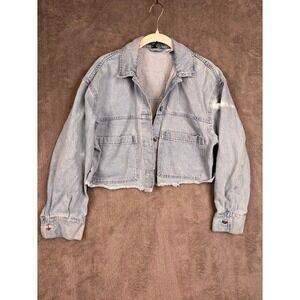 H&M Divided Light Wash Denim Cropped Jacket Raw Hem Button Front Size S